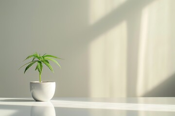 A single cannabis plant in a clinical white pot, set against the clean lines of a modern laboratory, signifying medical research and biotechnology.
