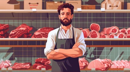 Man working with cuts of raw meat in store