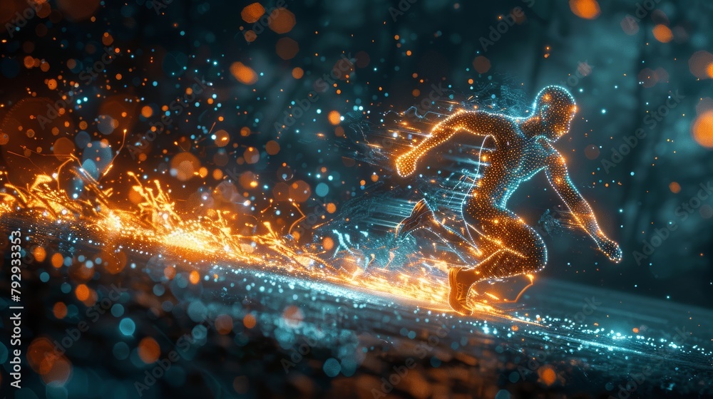 Poster a dotted man is running with particles in this sport science concept