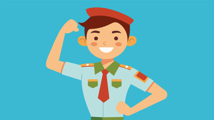 A young student stands tall in uniform mimicking the confident stance of their hero a brave soldier who dedicates their life to protecting