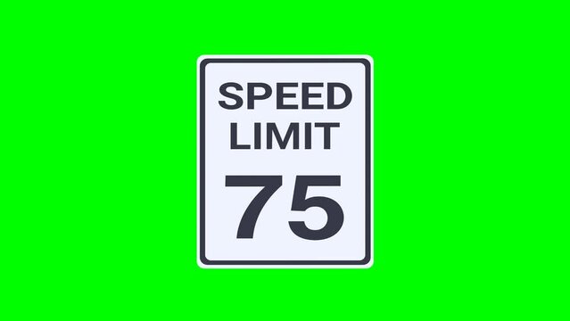 Appearance of a rectangular black and white 75 mph speed limit road sign from the USA on a green background, transparent background with alpha channel in flat design style