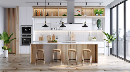 a beautiful modern, clean kitchen with perfectly bright diffuse lighting