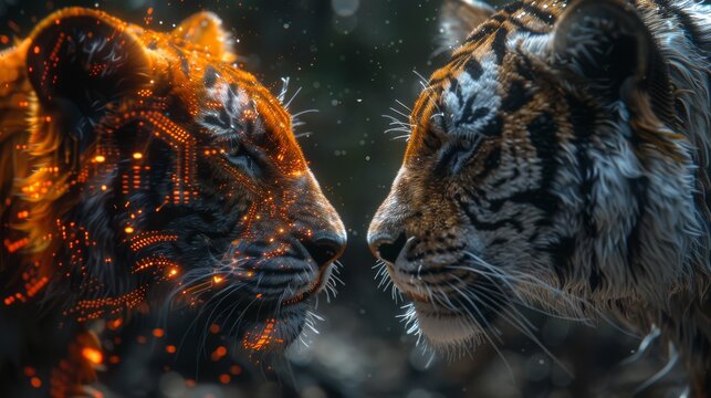 Technology tiger versus futuristic digital lion, electronic board with lion and tiger heads coupled together, concept of powerful technology battling it out