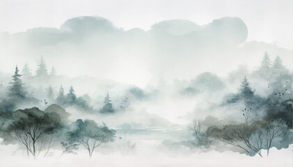 Watercolor painting of a foggy forest