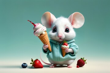 cute adorable white mouse holding popsicle, isolated on blue background