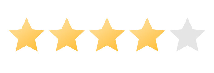 Rating sticker icon with four golden stars on a white background. Flat design. White background. Isolated vector icon. Vector golden background. Vector graphics. - obrazy, fototapety, plakaty