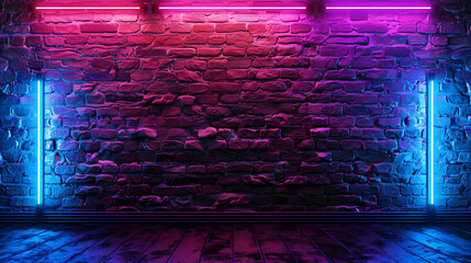 Modern futuristic neon lights on old grunge brick wall room background. 3d rendering.
