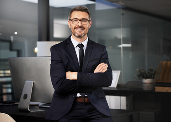 Confident, portrait and mature businessman in office of startup development company, professional...