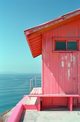 a beach house with a pink roof and wall by the ocean