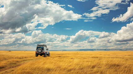 Fototapeta premium jeep on the field, Shawana field, blue sky, adventure
