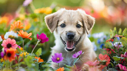 smiling cute puppy in the colorful garden, dog and flowers