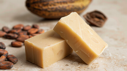 Concept photo of handmade soap with cocoa butter. close-up. Beauty industry advertising photo.