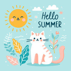 vector illustration of Hello summer with text and cute animals
