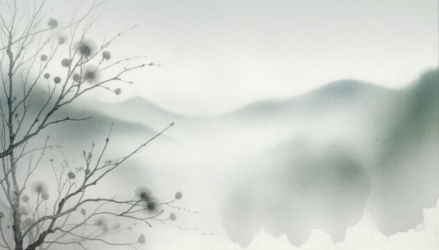 A cold and mystical landscape in watercolor with misty mountains and a lonely tree that stands out for its bare beauty