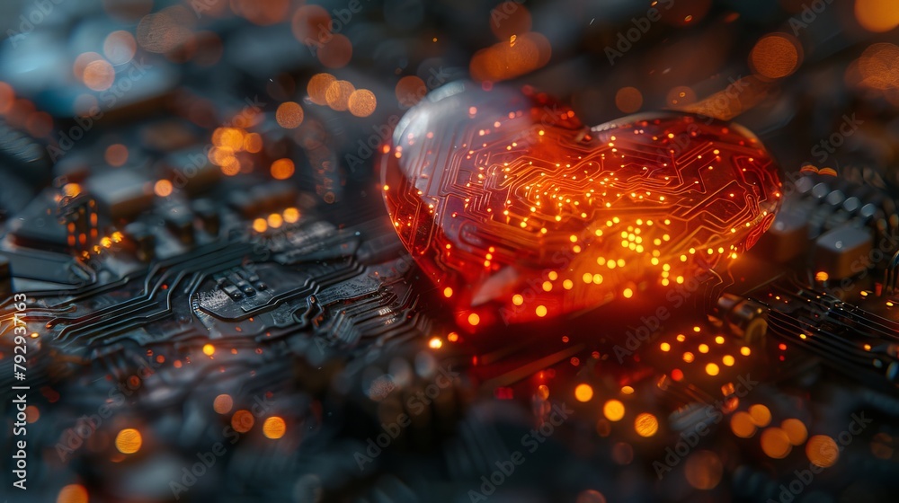 Poster Graph of a heart combined with circuit board and futuristic background based on AI technology