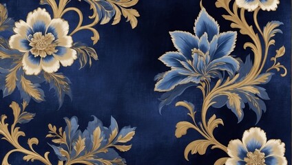 Majestic Indigo Splendor, Velvet Satin with Floral Shapes, Gilded Threads, and an Elegant Abstract Wallpaper Scheme