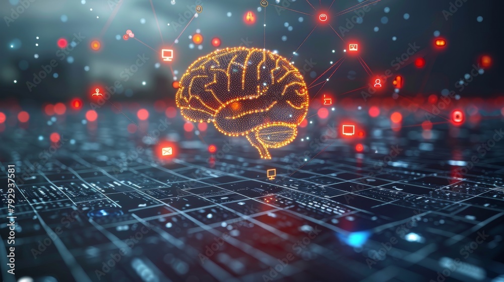 Aufkleber Global communication or network concept with icons of digital technology, diagram of a brain