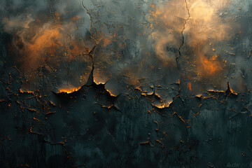 Abstract dark gray and gold painting, rough texture, dark clouds and light beams. Created with Ai