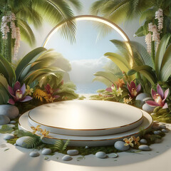 Empty podium for product display on tropical background. 3D rendering