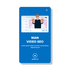marketing man video seo vector. optimization content, strategy youtube, ranking algorithm marketing man video seo web flat cartoon illustration