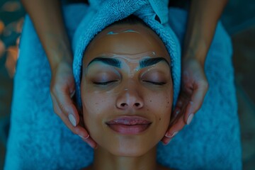 Soothing spa indulgence: woman treated to tranquil facial massage