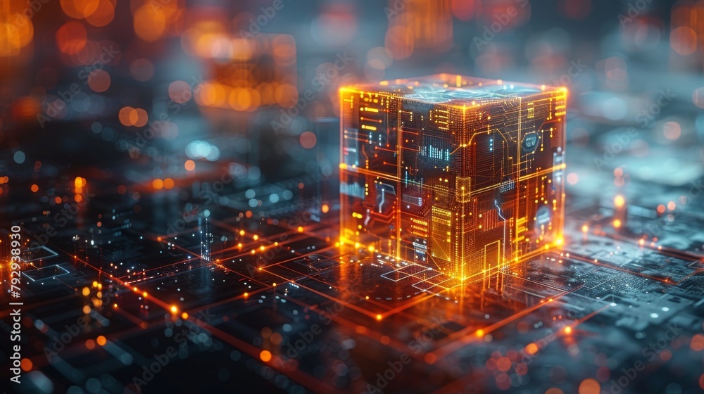 Aufkleber icons of digital business represented by a futuristic cube with block chain technology