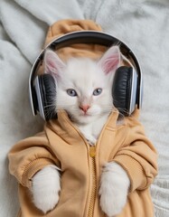 gato angorá com fones de ouvido - obrazy, fototapety, plakaty