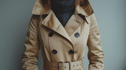 A beige trench coat with a detachable hood and a belted waist, providing a classic and versatile...