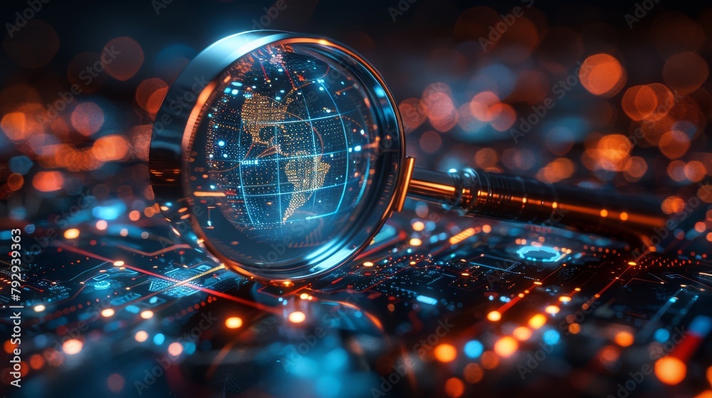 Poster An icon for a search engine development concept with the look of a magnifying glass and a globe in a futuristic setting coupled with icons for digital technology.