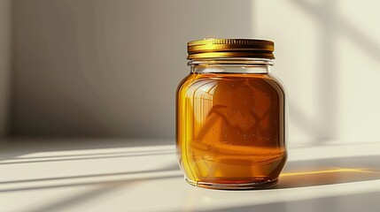 A jar of honey stands alone against a crisp white background