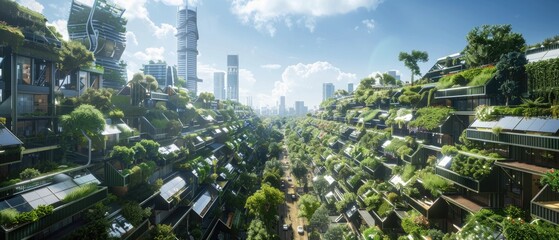 Aerial shot of a solarpunk district with vertical gardens and renewable energy sources, under clear sunny skies, - obrazy, fototapety, plakaty