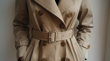 A beige trench coat with a flared silhouette and a waist belt, exuding timeless charm