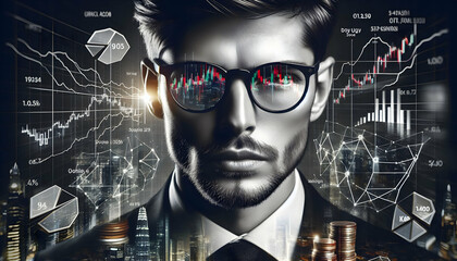 Close-up Reflection of Stock Market Charts in Business Man's Glasses Signifying Financial Acumen and Business Mastery - obrazy, fototapety, plakaty