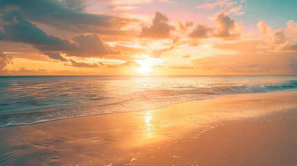 Fototapeta na wymiar Closeup sea sand beach. Panoramic beach landscape. Inspire tropical beach seascape horizon. Orange and golden sunset sky calmness tranquil relaxing sunlight summer mood.