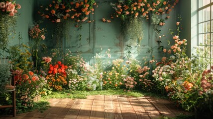 The wedding background and room for studio photos are filled with beautiful flower decorations