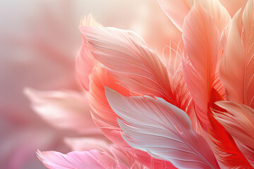 A closeup of feathers in shades of pink and red, with an abstract background that suggests the softness or movement associated with these colors. Created with Ai