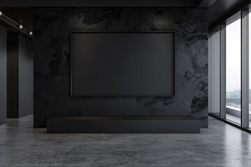 A minimalist art gallery with a sleek, onyx black wall, displaying an empty, charcoal black frame. The monochrome scheme emphasizes the gallery's modern, sophisticated aesthetic.