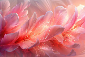  A digital art piece featuring an array of vibrant pink feathers, each captured in high detail against a soft background of peach-fuzz colored petals. Created with Ai