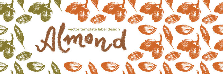 Almond banner background or label template design. Organic almond pattern with almond nuts crayon drawings. Almonds packaging or marzipan paste tag design. Vector botanical background.