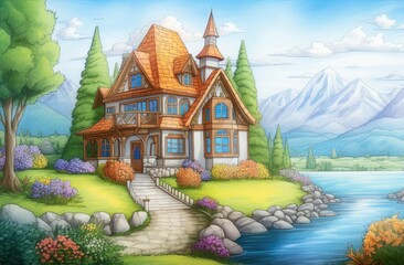 Enchanting Coloring Pencil Storybook House with Flower Garden by Mountain Lake Illustration