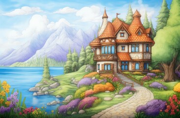 Enchanting Coloring Pencil Storybook House with Flower Garden by Mountain Lake Illustration