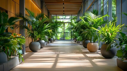 Bright office lobby with lush green plants inviting and spacious atmosphere. Concept Office Decor, Green Plants, Bright and Spacious, Inviting Atmosphere