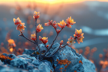 A closeup of the delicate plum blossoms on an old rock, with the sun setting in the background. Created with Ai