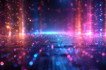 Digital background featuring glowing lights and bokeh lights on the ground. Created with Ai - obrazy, fototapety, plakaty