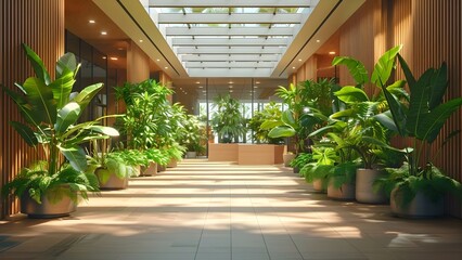 Inviting and spacious atmosphere of a bright office lobby with lush green plants. Concept Office Lobby, Bright Atmosphere, Spacious, Lush Green Plants, Inviting