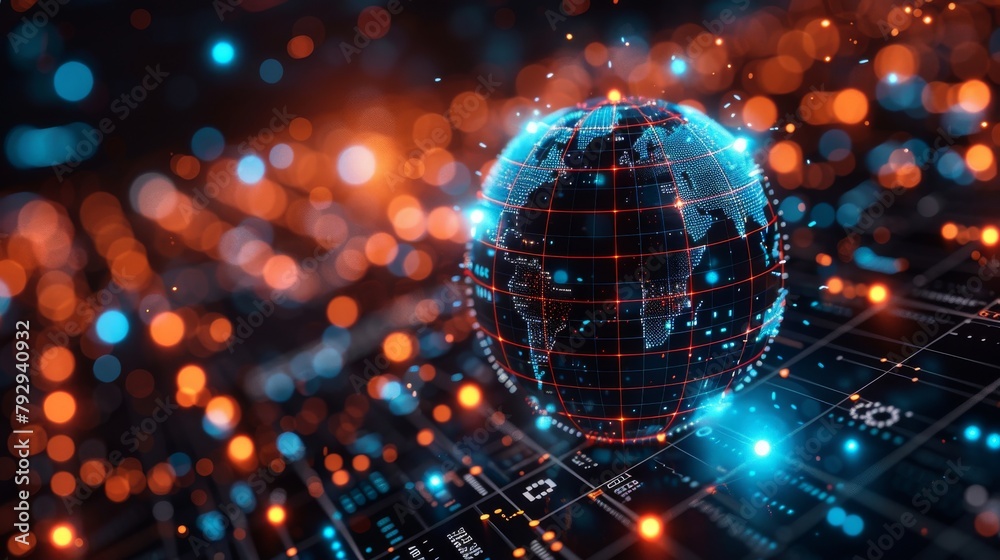 Aufkleber global network or communication concept, futuristic globe with digital icons
