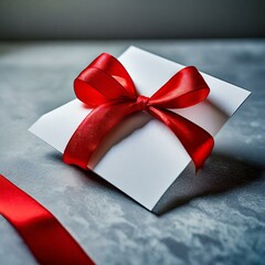 a blank white gift card embellished with a striking red ribbon bow, set against a refined grey background with minimalistic