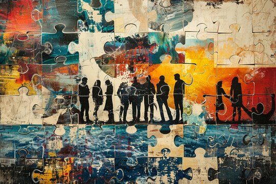 Witness the power of collaboration in this artistic collage card, where individuals with diverse skills and backgrounds come together to work on a project