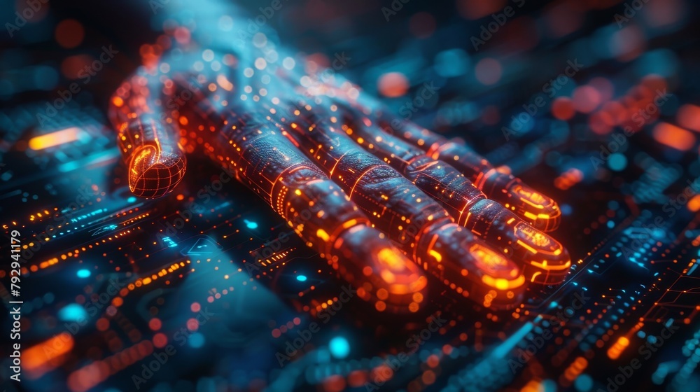 Poster Cybersecurity or biometric concept with futuristic handprint and icons representing digital technology