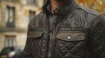 A black faux leather moto jacket with quilted detailing, adding a touch of edginess to any ensemble